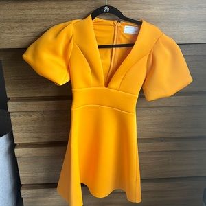 Never worn deep V yellow Mid dress with puffed short sleeves